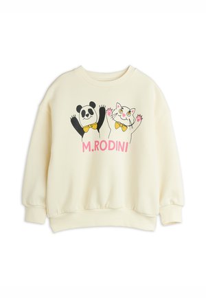 Sweatshirt couleur crème avec un panda souriant et un chat portant des nœuds papillon jaunes, avec le texte rose "M.RODINI" en dessous.
