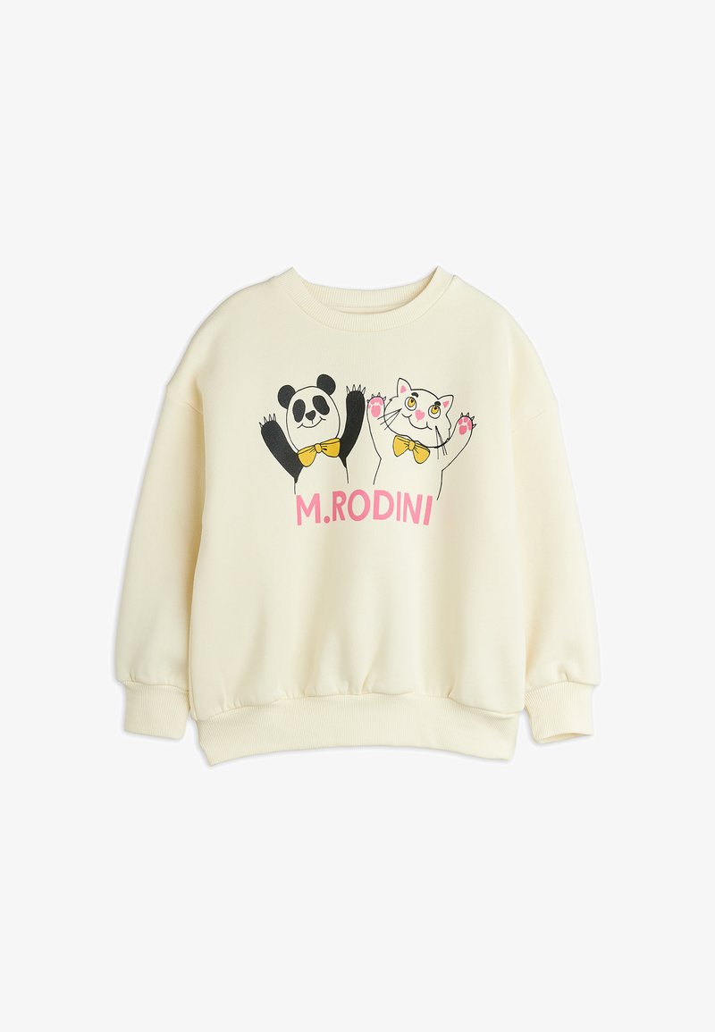 Cremfarbener Sweatshirt mit einem lächelnden Panda und einer Katze, die gelbe Fliegen mit rosa "M.RODINI" Text darunter tragen.