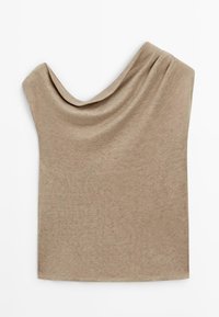 Beiges ärmelloses One-Shoulder-Top mit drapiertem Ausschnitt und weicher Stoffstruktur, flach auf weißem Hintergrund liegend.