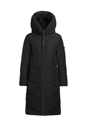 Black puffer coat with a high, folded hood, quilted pattern, long sleeves, and a straight cut. Features zippered front and side pockets.