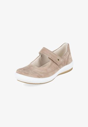 Lichtbruine suède Mary Jane-schoen met verstelbare band, witte zool en gevoerde mesh binnenkant, ontworpen voor casual comfort.