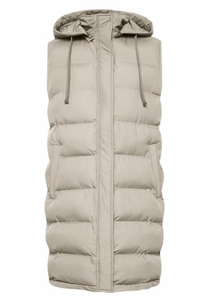 Ljus beige pufferväst med huva, featuring vertikala quiltade sektioner, dragkedja fram och två sidofickor. Slätt, isolerat tyg.