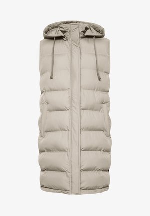Svetlo béžová páperová vesta s kapucňou, s vertikálne prešívanými časťami, so zipsom vpredu a dvomi bočnými vreckami. Hladká, izolačná tkanina.
