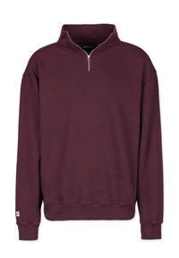Bordo pullover huppari, jossa on neljännes-vetoketju, ribbad hihansuut ja helma sekä pehmeä rakenne. Alhaalla vasemmalla on logotagi.