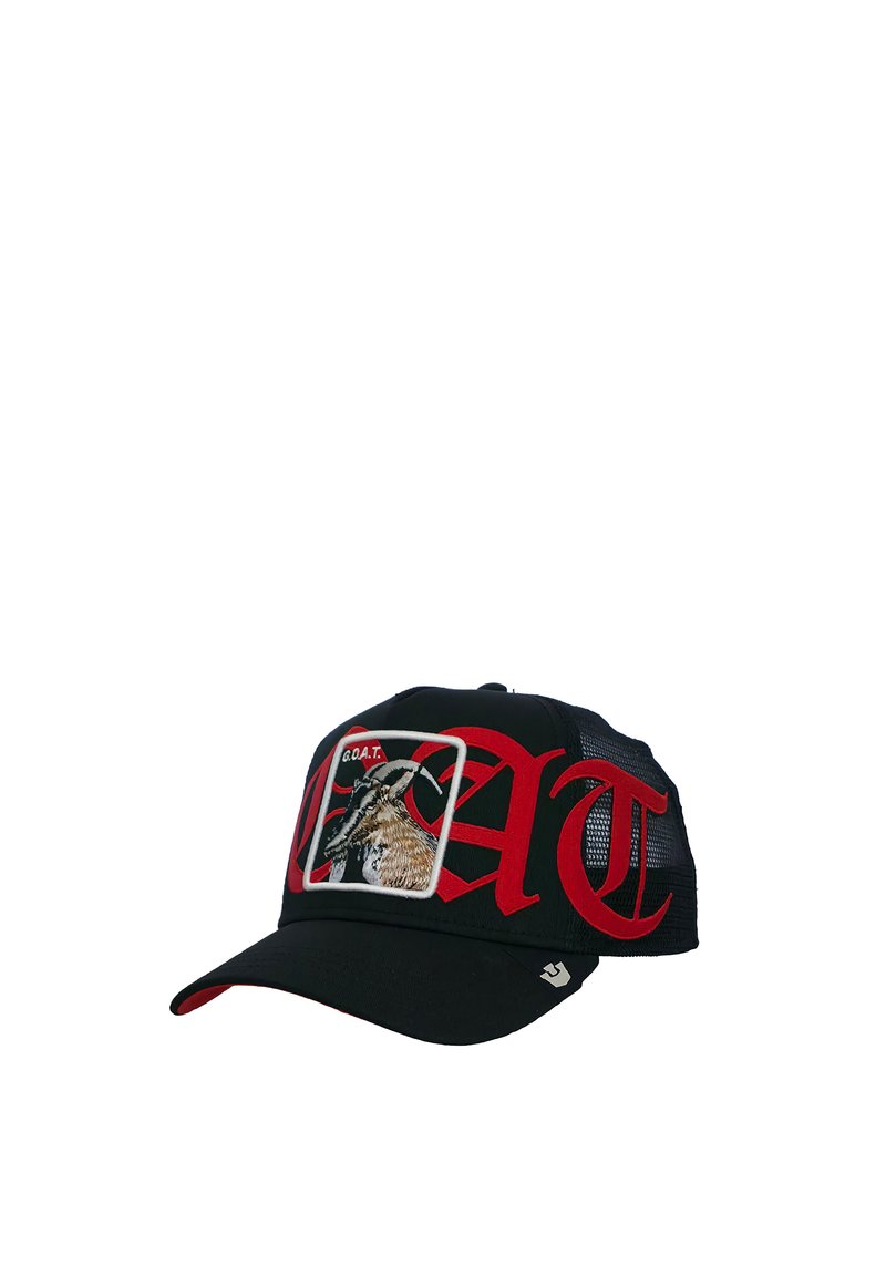 Black mesh baseball cap with large red "GOAT" lettering and an embroidered goat head on the front panel.