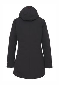 Giacca esterna nera con cappuccio, caratterizzata da un design pulito e snello e una superficie liscia. La vista da dietro non mostra hardware visibile.