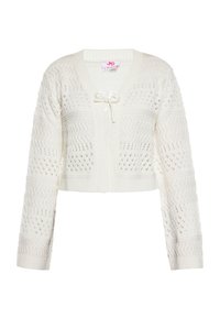 Cardigan corto bianco in stile uncinetto con scollo a V, maniche lunghe e dettaglio con fiocco nella parte anteriore; presenta motivi ad uncinetto aperti e polsini a costine.