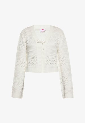 Szydełkowy, biały krótki kardigan z dekoltem w serek, długimi rękawami i z przodu związaniem; posiada otwarte wzory dzianiny oraz ściągacze na rękawach.