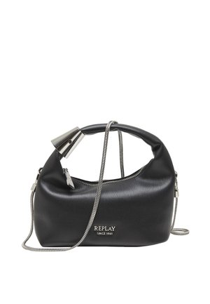 Sac à main Replay en cuir noir avec fermeture éclair en métal argenté, bandoulière chaîne et logo "Replay Since 1981" sur le devant, sur fond blanc.