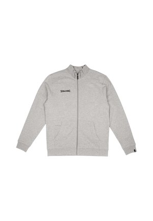 Hellgraue Jacke mit durchgehendem Reißverschluss, Stehkragen, zwei Fronttaschen, gerippten Bündchen und schwarzem Spalding-Logo auf der linken Brust.