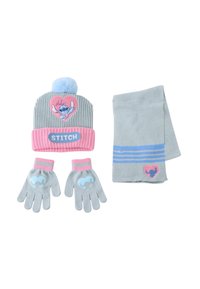 Gebreide beanie met roze accenten en een pompon, met een karakterontwerp; grijze handschoenen met hartpatroon; bijpassende grijze sjaal met strepen.