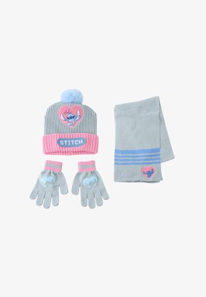 Knit beanie with pink accents and pom-pom, featuring a character design; grey gloves with heart pattern; matching grey scarf with stripes.
