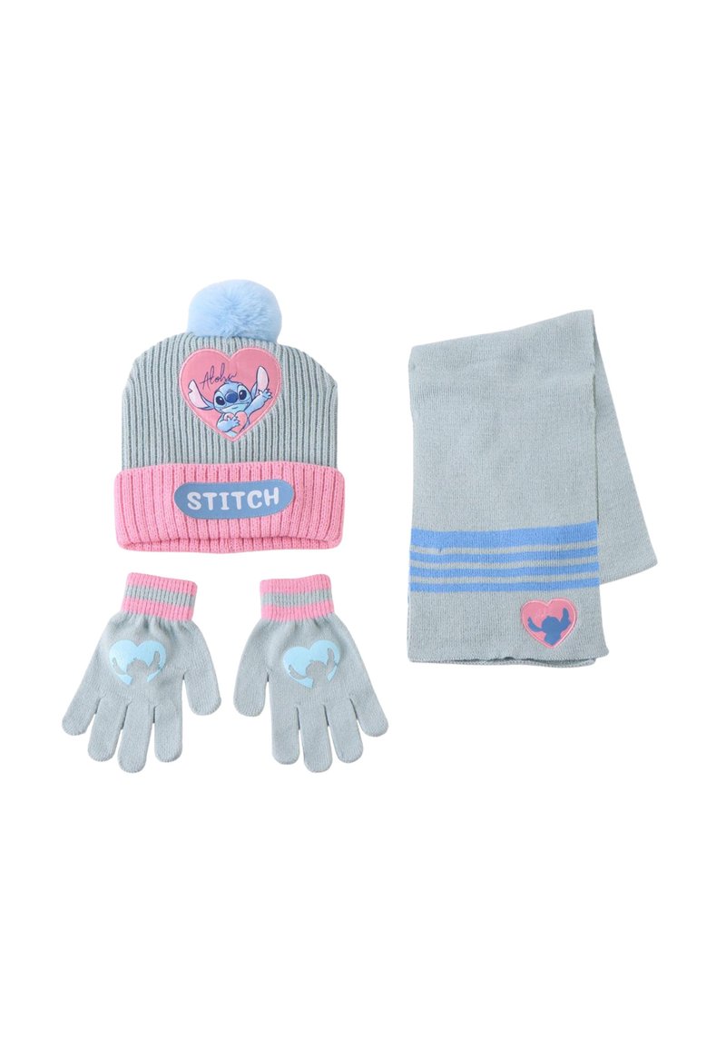 Gebreide beanie met roze accenten en een pompon, met een karakterontwerp; grijze handschoenen met hartpatroon; bijpassende grijze sjaal met strepen.