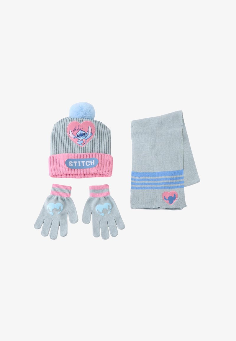 Gebreide beanie met roze accenten en een pompon, met een karakterontwerp; grijze handschoenen met hartpatroon; bijpassende grijze sjaal met strepen.