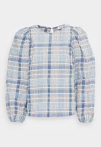 Blusa a quadri blu e bianca con maniche a sbuffo arricciate, scollo a chiave e tessuto testurizzato. Orlo dritto con polsini elasticizzati.