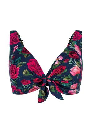 Góra od bikini w kwiatowy wzór na granatowym tle, z różowymi i czerwonymi różami, regulowanymi ramiączkami i wiązaniem z przodu. Gładka faktura materiału.