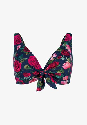 Góra od bikini w kwiatowy wzór na granatowym tle, z różowymi i czerwonymi różami, regulowanymi ramiączkami i wiązaniem z przodu. Gładka faktura materiału.