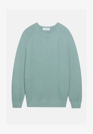 Maglione a coste di un verde chiaro, con scollatura rotonda e maniche raglan. Texture morbida con fondo e polsini aderenti.