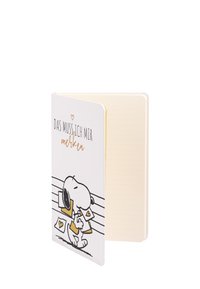 Taccuino con copertina bianca raffigurante un cane cartoon che trasporta biglietti, dettagli dorati e la scritta "DAS MUSS ICH MIR merken." Pagine a righe all'interno.
