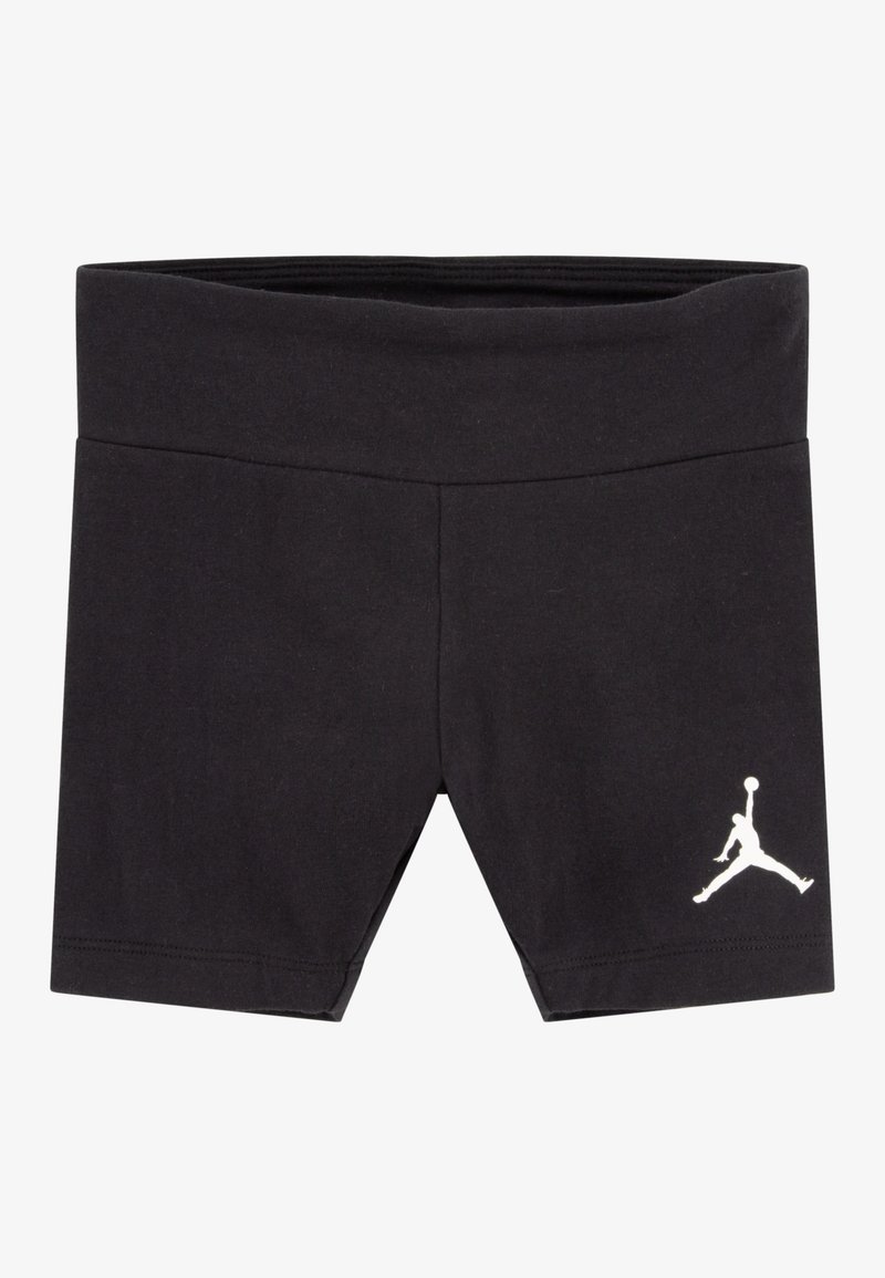 Shorts de sport noirs avec une taille large, arborant un logo Jumpman blanc sur le bas de la jambe gauche.