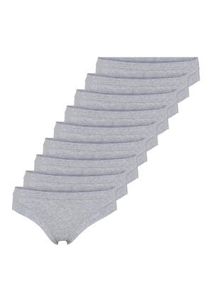 Ten grey cotton briefs with a smooth texture, featuring a classic cut and a wide waistband, arranged in a row for display.