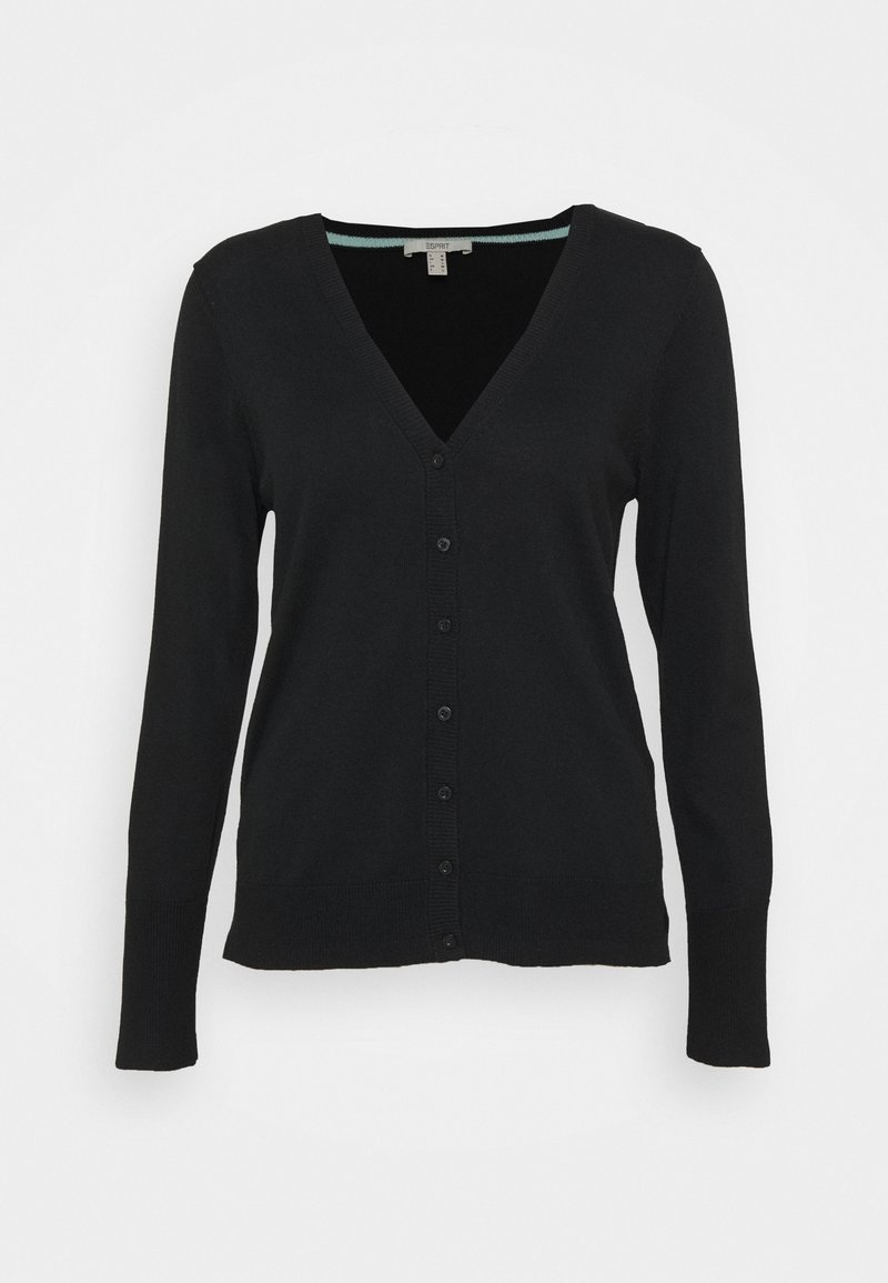 Schwarzer Cardigan mit langen Ärmeln, V-Ausschnitt, vorne mit Knopfleiste und gerippten Bündchen sowie Saum. Hergestellt aus einem weichen, leichten Stoff.