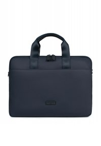 Borsa per laptop blu navy realizzata in tessuto testurizzato, dotata di due manici superiori, chiusura a zip e un piccolo logo del brand sul davanti.