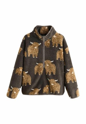 Pull polaire gris foncé avec une fermeture éclair partielle et un motif de yak marron et beige répété sur le tissu.