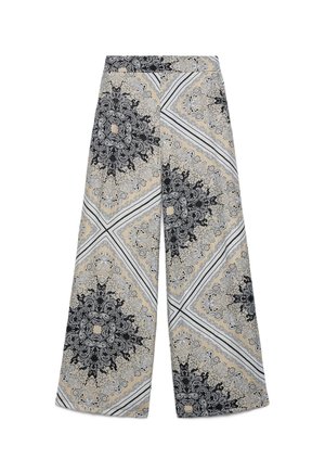 Wide-leg pants with beige, black, and white intricate paisley and geometric square patterns, featuring a flat waistband.