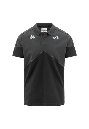 Polo noir à manches courtes, avec un design bicolore et des accents du logo Kappa bleu clair sur la poitrine et les épaules.