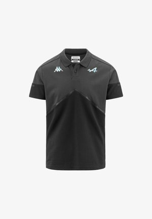 Polo noir à manches courtes, avec un design bicolore et des accents du logo Kappa bleu clair sur la poitrine et les épaules.