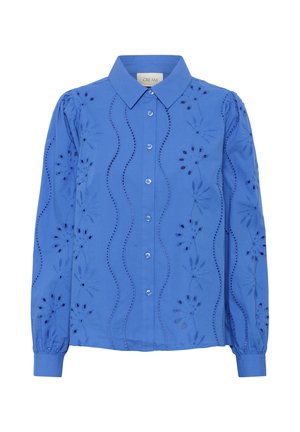 Blouse en coton bleu avec un col à revers, une patte de boutonnage à l'avant, des motifs floraux brodés et des manches longues bouffantes.