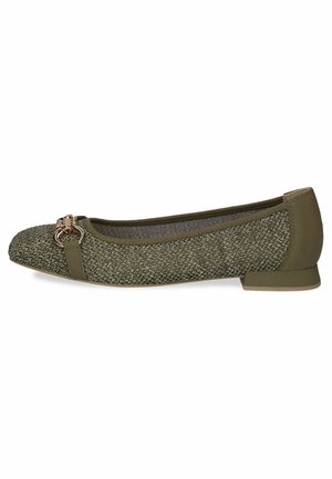 Olive green woven flat shoe with low heel and gold-tone decorative buckle on front, side view on white background.