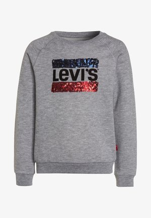 Sweatshirt gris à col rond. L'avant présente un logo "Levi's" noir encadré de sequins bleu et rouge. Comprend des poignets et un ourlet côtelés.