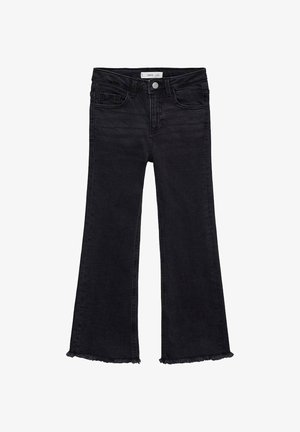 Mustat leveät farkut, joissa on keskikorkea vyötärö, viisi taskua ja raaka helma alareunassa. Valmistettu denim-kankaasta, jossa on hieman venytystä.