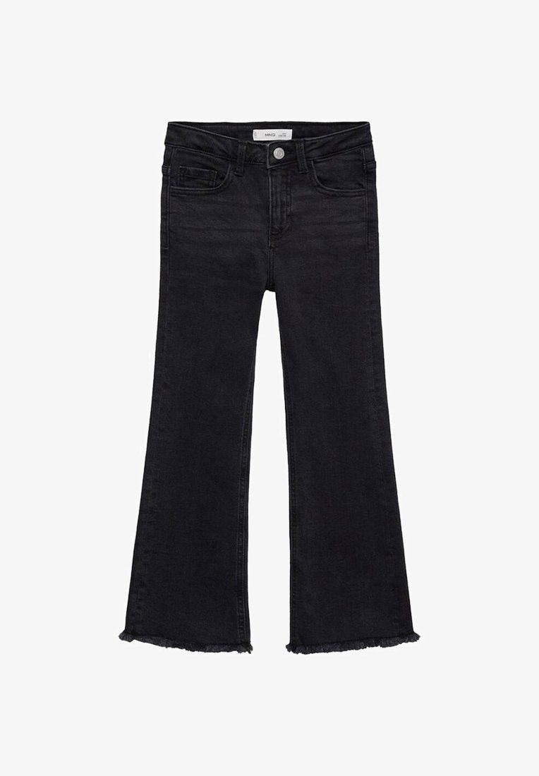 Zwarte flared jeans met een middelhoge taille, vijf-pocket ontwerp en een ruwe zoom aan de onderkant. Gemaakt van denim stof met lichte stretch.