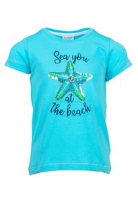 Turquoise short-sleeve t-shirt featuring a sequin starfish graphic in green and blue, with "Sea you at the beach" printed below.