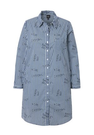 Overhemd met een blauw-wit gestreept patroon, voorzien van zwarte tekstversieringen. Lange mouwen en een klassieke kraagontwerp.
