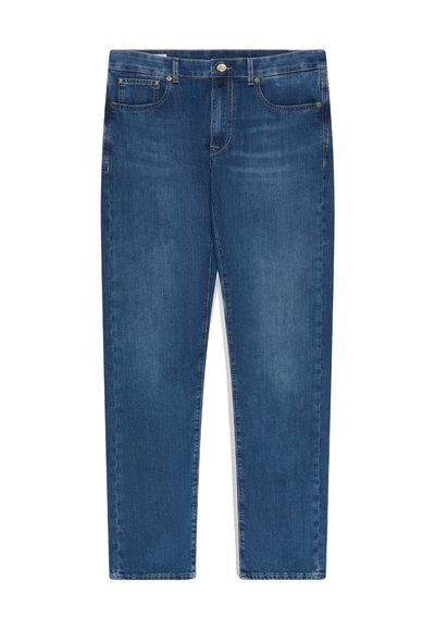 Blue denim jeans with a classic five-pocket design, button closure, and straight leg fit laid flat on a white background.