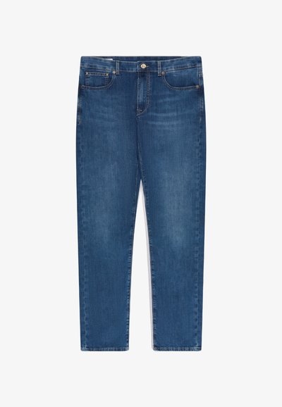 Blue denim jeans with a classic five-pocket design, button closure, and straight leg fit laid flat on a white background.