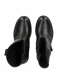 Schwarze Leder-Ankle-Boots mit glatter Oberfläche, abgerundeter Spitze, seitlichen Reißverschlüssen und strukturierten Zuglaschen. Schlankes Design, minimalistische Hardwareakzente.