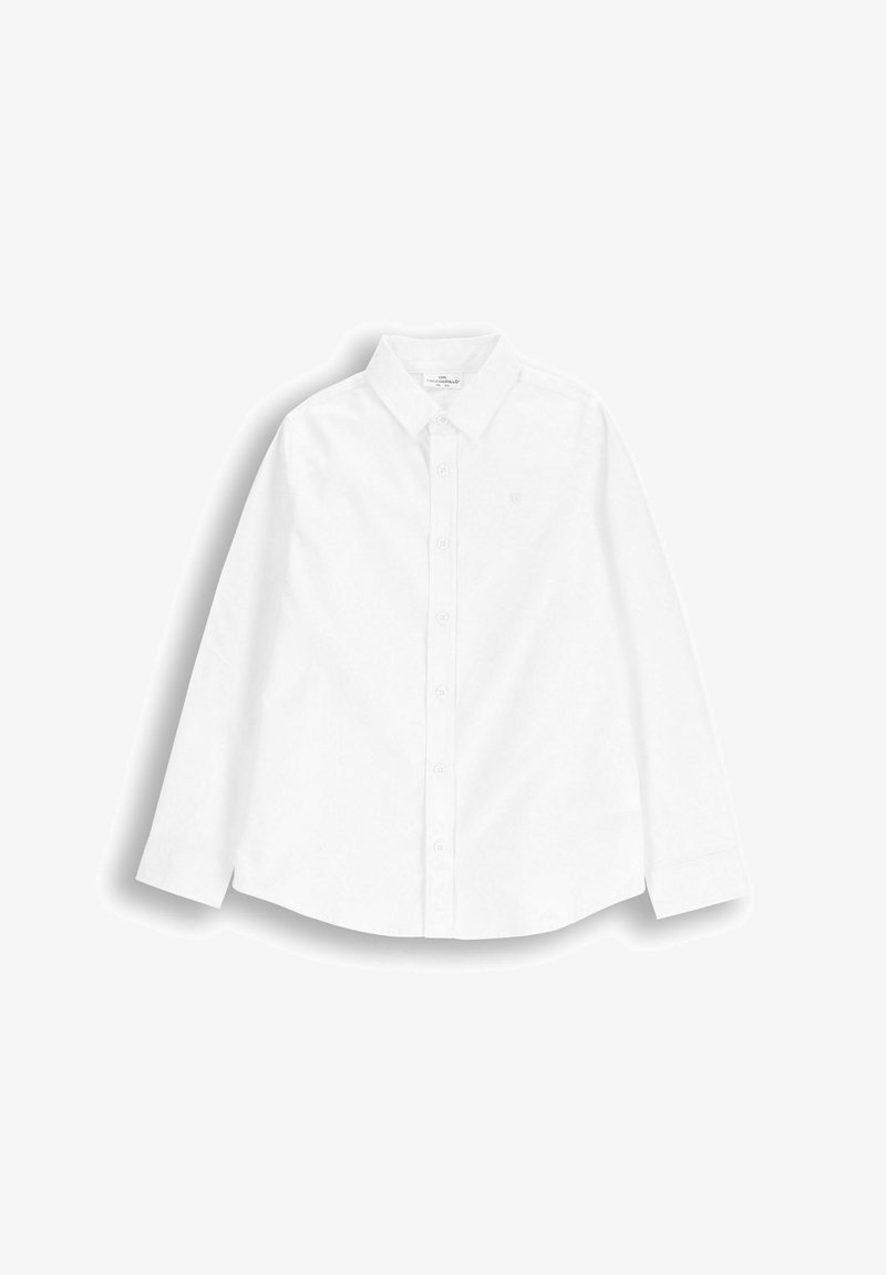 Biała koszula z długim rękawem, zapinana na guziki, z kołnierzykiem, wykonana z gładkiego materiału, z przednią listwą oraz małym logo na piersi.
