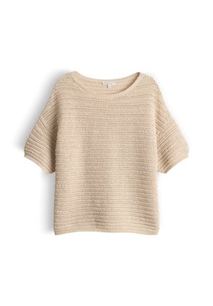 Maglione beige a maniche corte in maglia all'uncinetto con scollo rotondo, motivo orizzontale strutturato e polsini e orlo a coste.