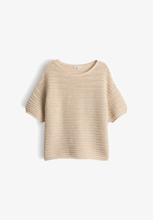 Maglione beige a maniche corte in maglia all'uncinetto con scollo rotondo, motivo orizzontale strutturato e polsini e orlo a coste.