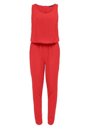 Rød ærmeløs jumpsuit med elastisk talje og rund halsudskæring, med tilspidsede ben og lynlås bagpå.