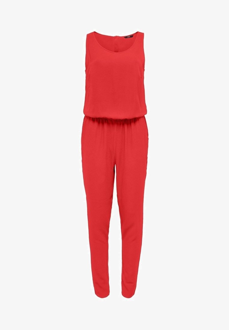 Combinaison rouge sans manches avec taille élastique et encolure ronde, avec jambes fuselées et fermeture éclair au dos.