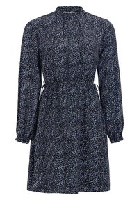 Navyblaues Kleid mit einem verstreuten Muster aus Weiß und Hellblau, hohem Ausschnitt, langen Ärmeln, elastischem Bund und fließender Silhouette.