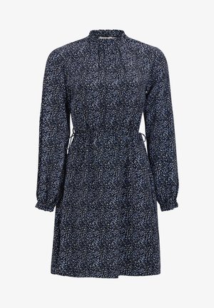 Navyblaues Kleid mit einem verstreuten Muster aus Weiß und Hellblau, hohem Ausschnitt, langen Ärmeln, elastischem Bund und fließender Silhouette.
