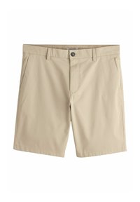 Short beige longueur genou avec bouton et fermeture éclair, passants de ceinture et poches latérales, présenté sur fond blanc.