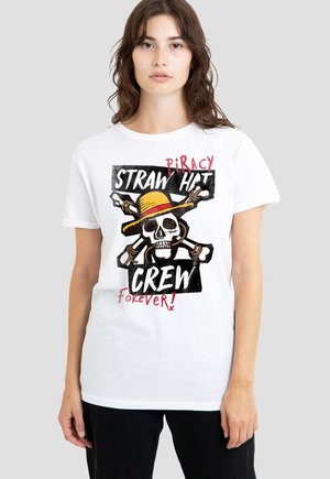 Woman wearing a white T-shirt with a skull and crossbones wearing a yellow straw hat, and text reading "Piracy Straw Hat Crew forever!"